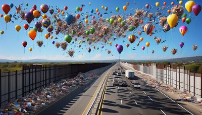 Globos llenos de basura volando sobre una frontera tensa.