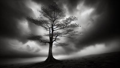 Arbre avec des feuilles clairsemées sous un ciel nuageux.