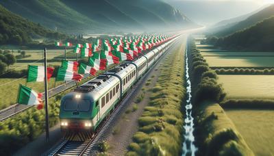 Treno in movimento con bandiere italiane in memoria.