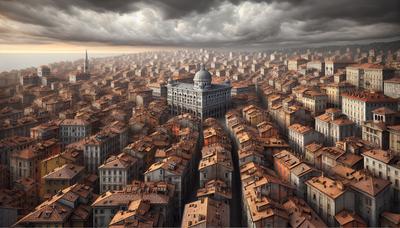 Città di Trieste con cielo grigio cupo e tetti.