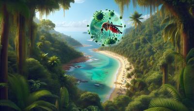 Paysage tropical avec moustique sur illustration de virus.