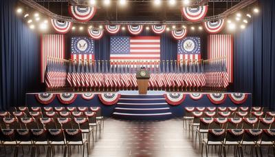 Palco de comício de Trump com fundo de bandeiras americanas