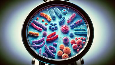 Cepa di batteri della tubercolosi al microscopio con etichette.