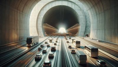 Tunnelingång med bilar och tåg som kör in i Danmark.

