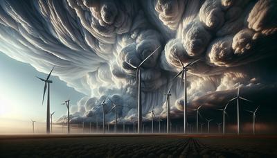 Turbines die sterke wind trotseren onder een bewolkte hemel.