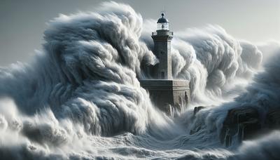 Tosende Wellen prallen gegen einen robusten Leuchtturm.