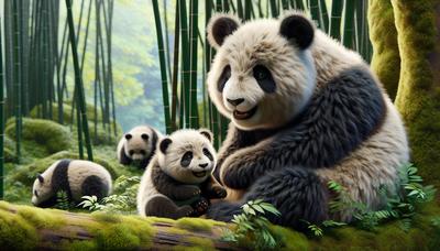 Deux bébés pandas géants avec leur mère.