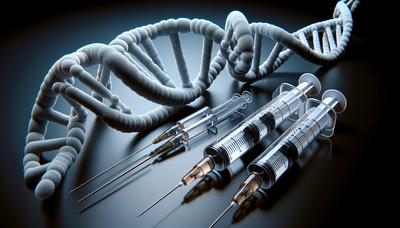 Duas seringas ao lado de uma cadeia de DNA em dupla hélice.