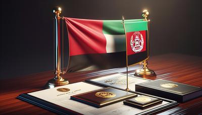 Bandiere degli Emirati Arabi Uniti e dell'Afghanistan con documenti diplomatici visibili.