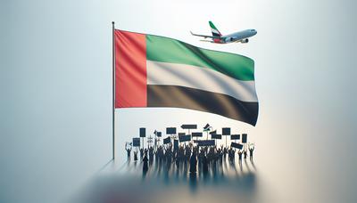 UAE-flagga med silhuett av en protest och ett flygplan.

