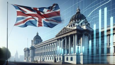 Bandera del Reino Unido y edificio gubernamental con gráfico en aumento.