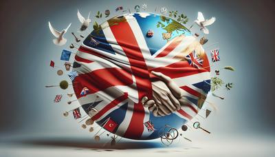 Bandeira do Reino Unido sobre o globo e símbolos diplomáticos.