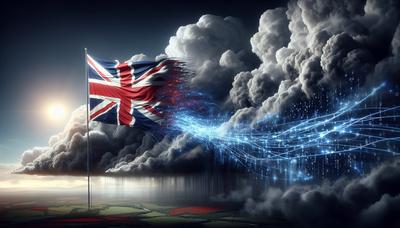 Stor molntäcke och digital kod dominerar över Storbritanniens flagga.

