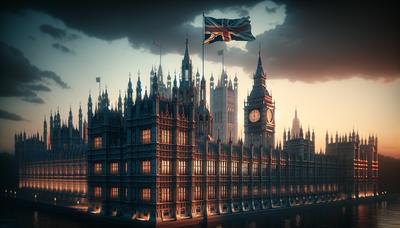 Bandeira do Reino Unido tremulando no topo do prédio do Parlamento Britânico ao anoitecer.