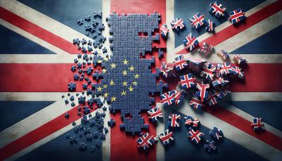 Bandera del Reino Unido con piezas del rompecabezas del Brexit desmoronándose.