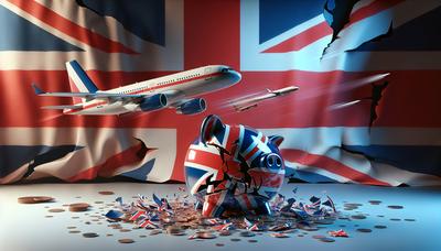 Storbritanniens flagga med en trasig spargris och ett flygplan.

