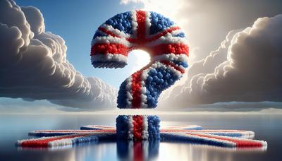 UK-Flagge mit dem Logo der Konservativen Partei und einem Fragezeichen