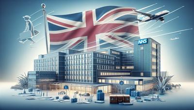 Bandeira do Reino Unido com símbolos de hospital do NHS e imigração