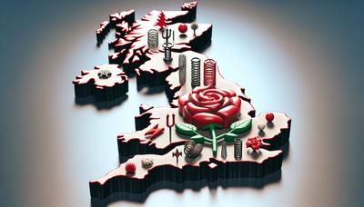 Mapa del Reino Unido con logotipos de Labour y símbolos de tensión