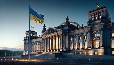 Ukraine-Flagge und Gebäude des Deutschen Bundestages in der Dämmerung