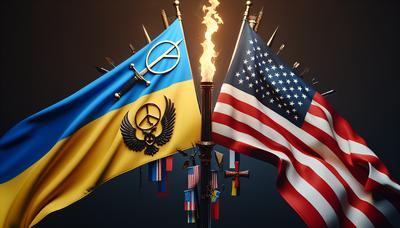 Ukrainas flagga och USA:s flagga tillsammans med konfliktsymboler.

