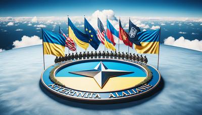 Bandiera ucraina ed emblema della NATO contro il cielo azzurro.