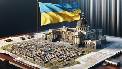 Drapeau ukrainien et bâtiment du parlement avec carte stratégique.