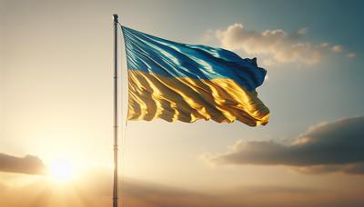 Bandera ucraniana ondeando al viento bajo la luz del sol.