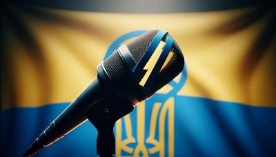 Bandeira da Ucrânia com um microfone riscado.