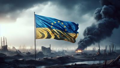 "Bandera ucraniana con símbolos de la UE y fondo de guerra"