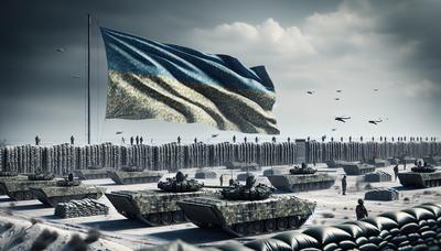 Oekraïense vlag met militaire voertuigen en beschermende barrières