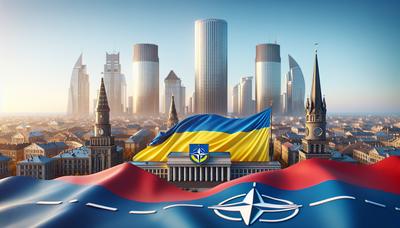 Bandiera ucraina con simboli della NATO e skyline di Washington.