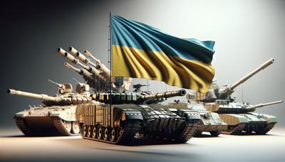 Drapeau ukrainien avec un arrière-plan d'équipement militaire résilient