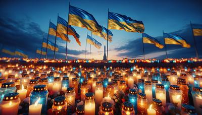 Bandeiras ucranianas e velas no local do memorial.