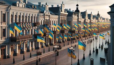 Ukrainische Flaggen über russische Stadtstraßen und Gebäude