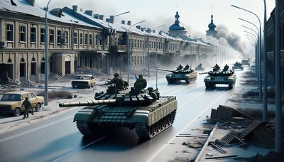 Tanques ucranianos avançando pela cidade russa capturada.