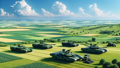 Ukrainische Panzer und Artillerie in strategischer Landschaft.