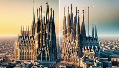 Skyline-Vergleich zwischen dem Ulmer Münster und der Sagrada Familia.