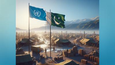 Drapeaux de l'ONU et du Pakistan avec un camp de réfugiés en arrière-plan