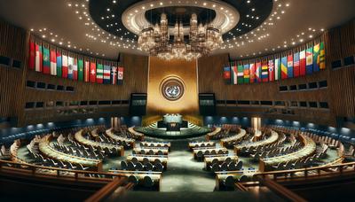 Salle de l'Assemblée de l'ONU avec les drapeaux des pays membres.