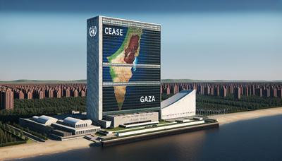 Edificio de la ONU con texto de resolución de alto el fuego y mapa de Gaza.