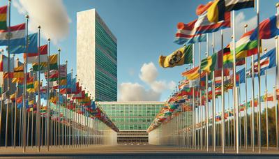 Bâtiment de l'ONU avec les drapeaux de nombreuses nations flottant.