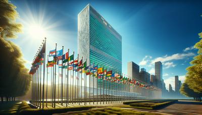 Bâtiment de l'ONU avec des drapeaux par une journée ensoleillée.