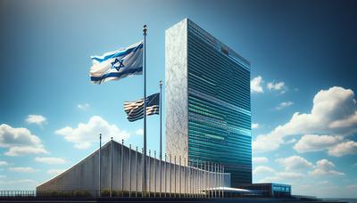 Immeuble de l'ONU avec des drapeaux israélien et américain.