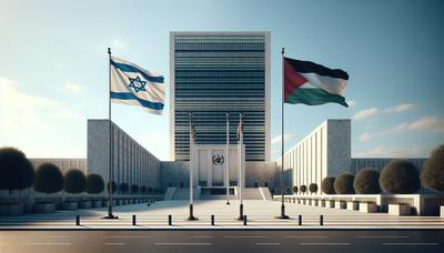 Edifício do tribunal da ONU com bandeiras de Israel e da Palestina