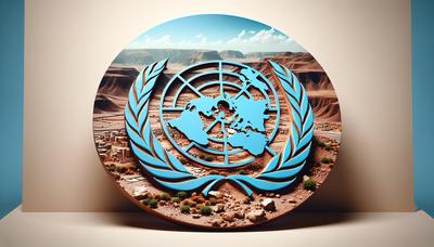 'Logotipo de la ONU en medio de un paisaje desolado de Yemen con tensión'