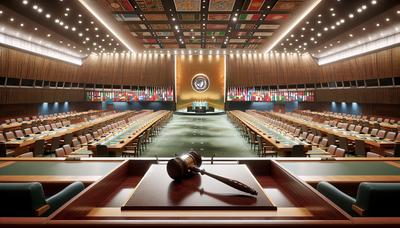 Salle de réunion de l'ONU avec drapeaux et marteau