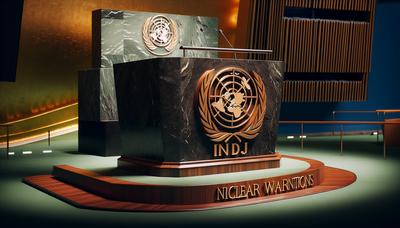 Podium de l'ONU avec des symboles d'avertissement nucléaire affichés en évidence.