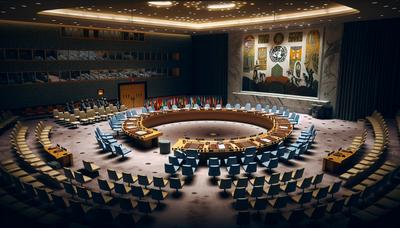 Cámara del Consejo de Seguridad de la ONU con banderas y ambiente tenso.
