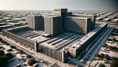 Edificio de la UNRWA con puertas cerradas y alrededores desiertos.